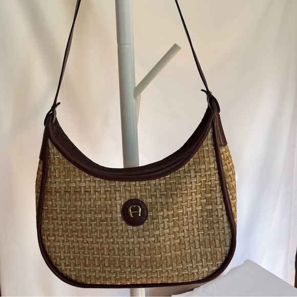 Etienne Aigner Woven Straw & Brown Leather Shoulder Bag Vintage-Inspired - Picture 12 of 12